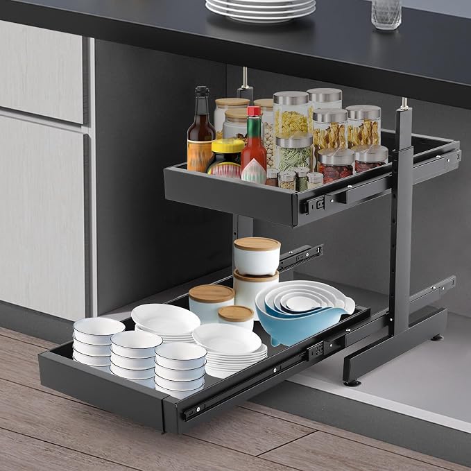 2-Tier Pull Out Cabinet Organizer, Pull out Drawers for Cabinets, No Drill Adjustable Roll Out Shelves Sliding Cabinet for Kitchen,Bathroom,Pantry,Under Sink Storage (Black)