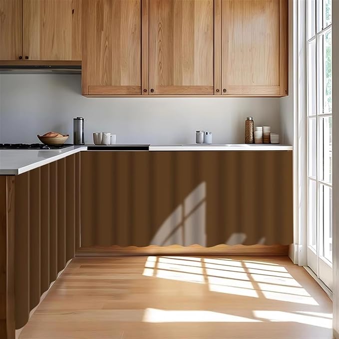 Under Sink Curtain for Closet, Privacy Short Cabinet Curtain Self Stick Adhesive Desk Skirt for Kitchen Classroom, Brown, 32" W x 20" L