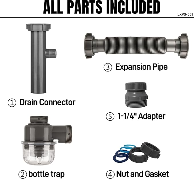 1-1/4" and 1-1/2" PVC Bottle Trap Plumbing Kit with Threaded Adapter, Sink Drain kit for Bathroom and Kitchen, P-Trap Replacement, Flexible Extension Tube Drain Tailpiece