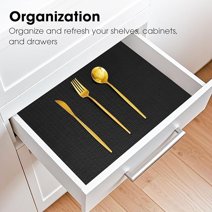 Drawer and Shelf Liner, Non-Slip Kitchen Cabinet Liners Non-Adhesive Thick Strong Grip Waterproof Washable Mats Protect Dresser Shelves Cupboard Bathroom Cabinets, Black, 18 in X 10 FT