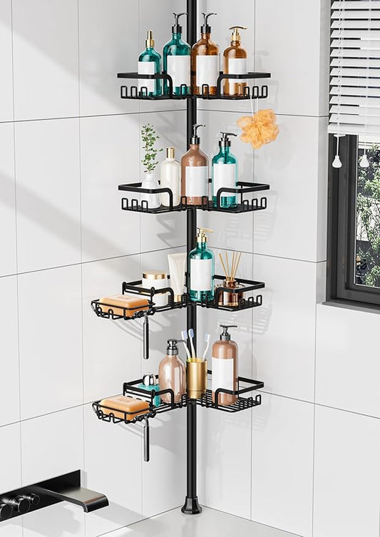 KEGII Shower Caddy Tension Pole, with 2-in-1 Soap Holders x 2 & 32 Hooks, Stainless Steel Adjustable Corner Shower Organizer for Bathroom, 25–114.2 Inches, Black