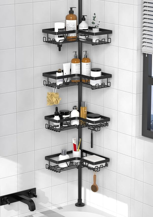 KEGII Corner Shower Caddy Tension Pole - Shower Tension Rod Organizer, Floor to Ceiling Shower Caddy 25-114.2 inch, Towel Rack Corner Waterproof, Black