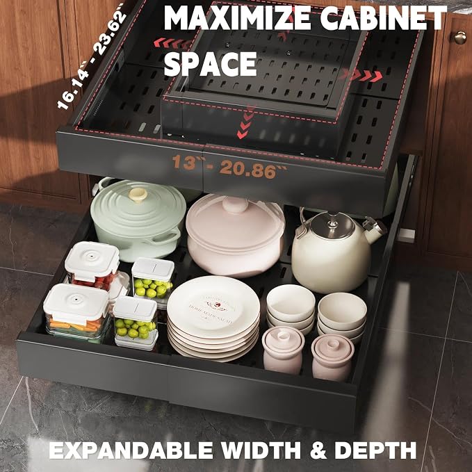 Seinloes Pull Out Cabinet Organizer,4-Side Expandable to Maximize Cabinet Space,Slide Out Drawers with 3 Rail Design,Roll Out Shelf with Raising Pad for Framed Cabinet,13"-21"W x 17"-24"D,Black,4 Pack