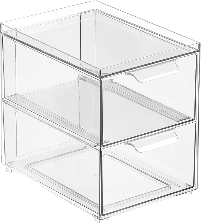 mDesign Stackable Storage Containers Box with 2 Pull-Out Drawers - Stacking Plastic Drawer Bins for Master or Guest Bathroom, Linen Closet, Vanity, or Makeup Table - Lumiere Collection -Clear