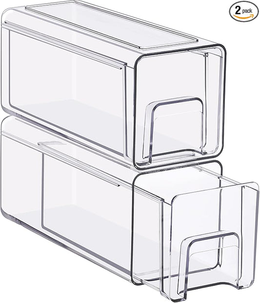Sorbus Small Clear Stackable Storage Drawers 2-Pack Plastic Organizer Bins with Handles Pull-Out Drawers for Bathroom Closet, Medicine, Cabinet, Pantry Storage, Baby Bottle Organizer