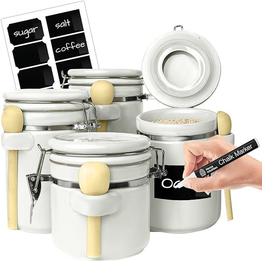 Home Intuition 4-Piece Ceramic Kitchen Canisters Set, Airtight Containers with Wooden Spoons Reusable Chalk Labels and Marker for Sugar, Coffee, Flour, Tea (White)