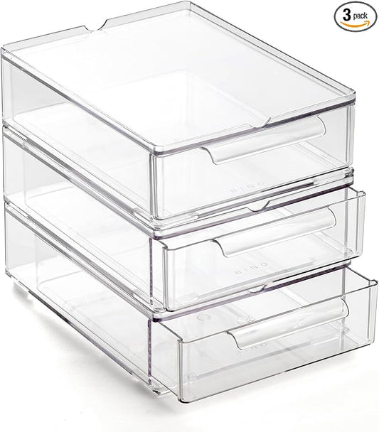 BINO | Clear Stackable Storage Drawers, Small - 3 Pack | Clear Storage Drawers with Built-In Handles | Durable Plastic Organizer Drawer | Modular Stackable Drawer Acrylic Organizer