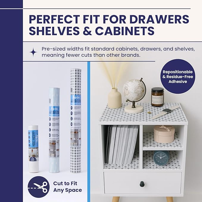Adhesive Shelf Liner — Waterproof Felt Cabinet Liner & Contact Paper for Kitchen Organization — Soft Glide Drawer Liners, Under Sink Mat & Shelf Covers (Midnight Grid, 19.5in x 6ft, 2-Pack)