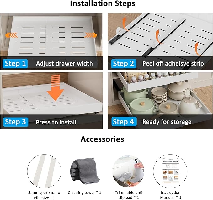 Pull Out Drawers for Cabinets, 1 Pack 21" Deep Expandable Slide Out Drawer for Kitchen Cabinets Adhesive Pantry Pullout Shelves Load-Bearing Upgrade 3 Slide Rails White