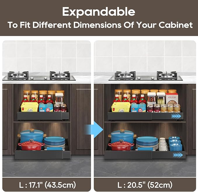 Expandable Pull Out Cabinet Organizer 16.5" Deep, 3 Rails Slide Out Drawer for Kitchen Cabinet, Adjustable No Drill Roll Out Shelf Adhesive with Nano Film 12.2"-20.5" W Black 1 Pack