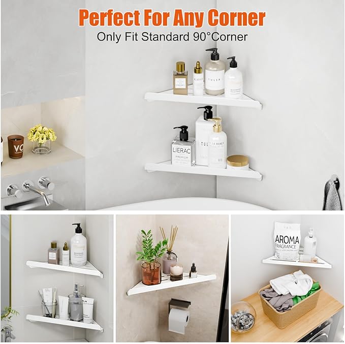 Fikoksol Shower Caddy, 2 Pack Bathroom Corner Shelf, Triangle Shelf Storage for Bathroom Shower, White Metal Shower Shelf & Rustproof Wall Mounted Adhesive Glue Organizer Accessories and Essentials