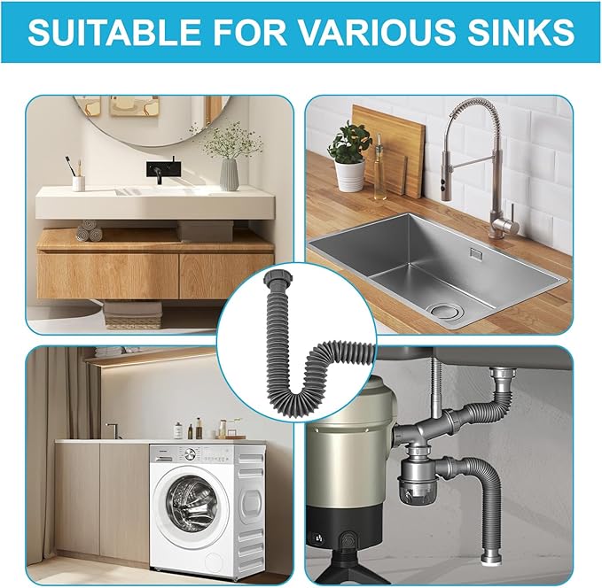 1-1/2" Flexible Sink Drain Pipe, Expandable Drain Hose, Adjustable Under Sink Drain Extension Tube 10" to 24.4", Thickened PP Sink Drain Replacement Hose for Kitchen Bathroom RV Sink, 2 Pack