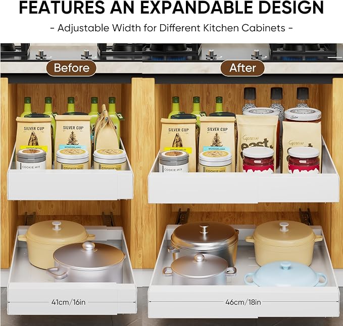 Pull Out Drawer for Cabinet, Adjustable Width (11.8"-18.1") Slide Out Cabinet Organizer with Adhesive Nano Film Slide Out Shelves Storage for Kitchen Cabinet, Pots, Pantry, 1 Pack