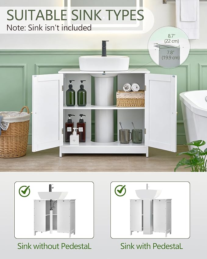 Bathroom Vanity Sink Cabinet, Under Sink Storage Cabinet with 2 Doors, Waterproof Pedestal Sink Cabinet for Bathroom, Laundry Room, Kitchen, White with Adjustable Shelf
