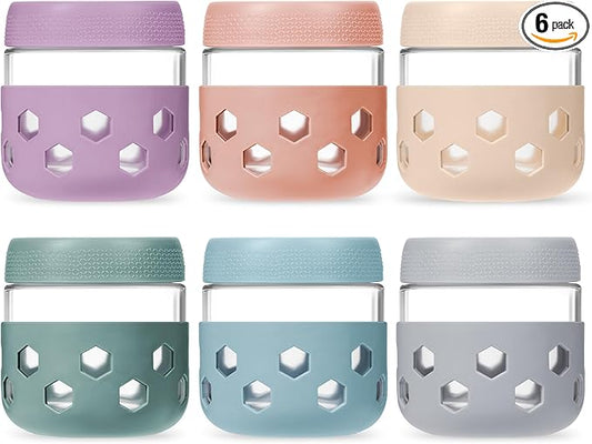 Gemice 6-Pack 10 oz Overnight Oats Containers with Lids and Silicone Sleeves, Glass Mason Jars with Airtight Lid, Dishwasher Safe, Wide Mouth Chia Seed Pudding Meal Prep Jar for Yogurt Berries Snack