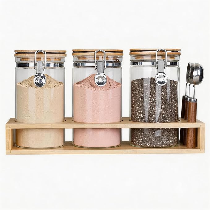 3-Pack Protein Powder Storage Containers with Bamboo Stand - 1200ml Large Borosilicate Glass Canisters for Collagen Powder & Supplements - Airtight Locking Lids & 3 Wood Handle Scoops, 40oz