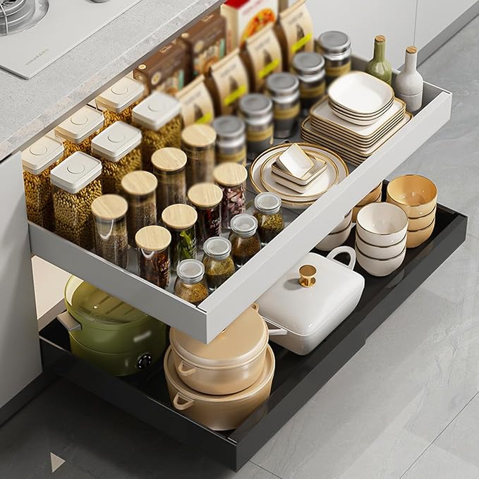 Expandable Pull-Out Cabinet, Adhesive Slide-Out Shelves,Roll-Out Drawers for Easy Access,Heavy Duty for Kitchen, Bathroom & Pantry(White,Small)