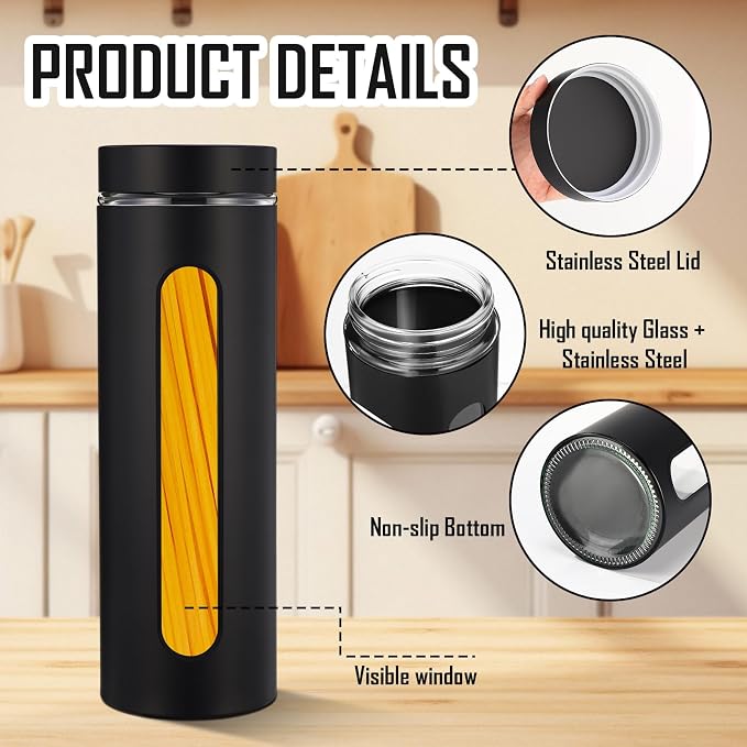 Mimorou 3 Pcs Stainless Steel Canister Set with Glass Windows Visible Storage Jars Silver Kitchen Canister Set for Pasta Flour Oat Sugar Container, Kitchen Tools, Housewarming Gifts(Black,60 oz)