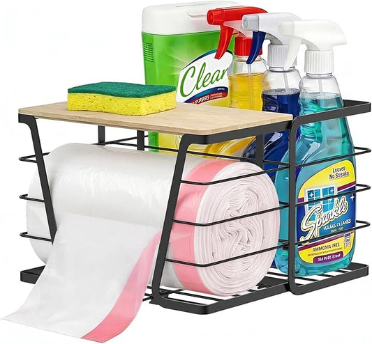 Trash Bag Dispenser 2 in 1 Under Sink Organizer, Large Garbage Bag Roll Holder with Bamboo Lid, Fits 13/30/33 Gal Bags, Open Back Storage for Tall Bottles, for Kitchen, Bathroom, Laundry Room(Black)
