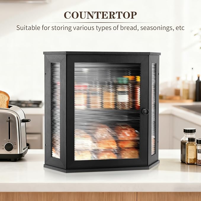 Extra Large Corner Bread Box - Bamboo Bread Box for Kitchen Countertops, Large Capacity Kitchen Bread Storage and Organizer with Corrugated Acrylic Wavy Window (Black)