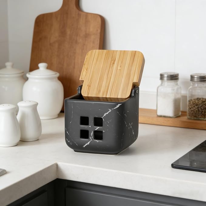 RQYIXI Garlic Container for Counter Ceramic Garlic Keeper Storage Garlic Holder with Lid to Keep Your Garlic Cloves Fresh Longer(Marble Black)