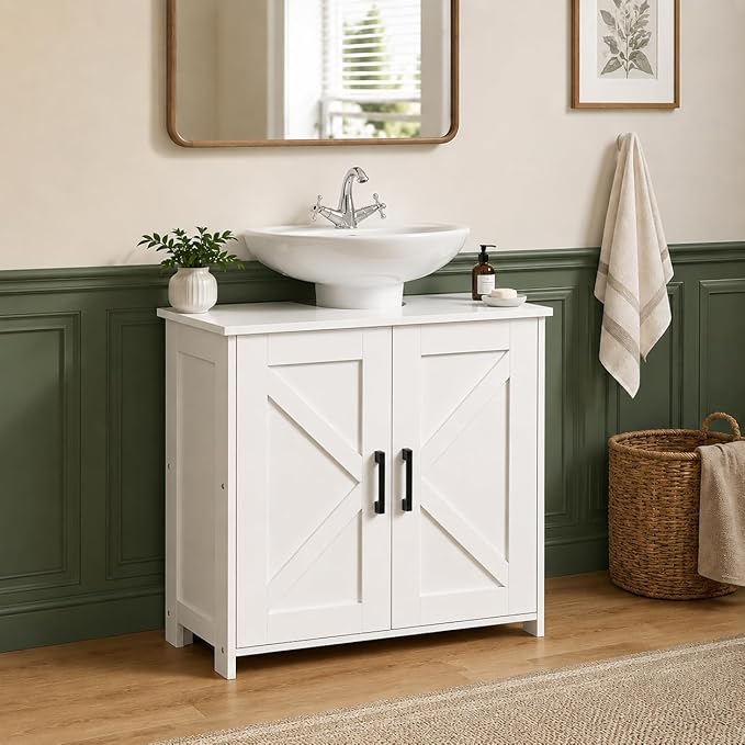 Pedestal Sink Storage Cabinet, Farmhouse Under Bathroom Sink Storage Cabinet with 2 Doors and Shelf, Pedestal Sink Organizer, 11.8" D x 23.6" W x 23.6" H, White