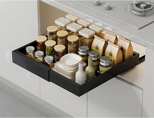 Expandable Pull-Out Cabinet, Adhesive Slide-Out Shelves,Roll-Out Drawers for Easy Access,Heavy Duty for Kitchen, Bathroom & Pantry(Black,Small)