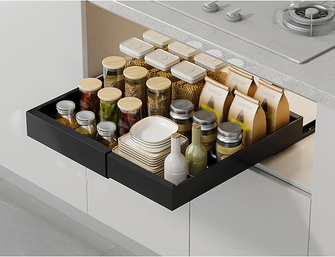 Telescopic Extendable Slide Out Drawer Shelves Storage,Adjustable Width,Pull-out storage rack,Kitchen storage rack,No need to punch holes,for Kitchen Cabinet(Black,Small)