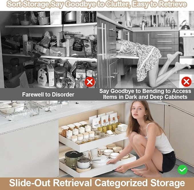 Pull out Cabinet Organizer, Expandable(12"-20") Heavy Duty Slide out Drawers Fixed with Adhesive Nano Film for Pots, Roll out Drawers for Kitchen Cabinets Organization, Pantry, Bathroom