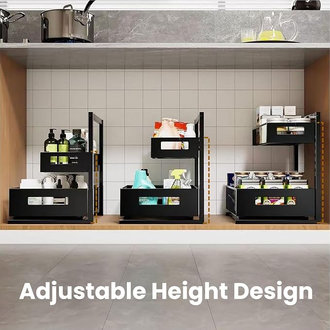 ONEUPIN Under Sink Organizer, 2 Tier Pull Out Cabinet Baskets, 1 Pcs Black | Multi-Purpose, Adjustable Height Design, Slide Out Storage Shelf, For Kitchen and Bathroom
