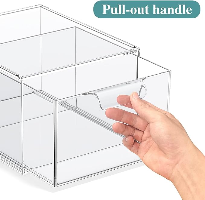 SpaceHacks 4 Pack Stackable Makeup Organizer and Storage, Acrylic Organizers，Clear Plastic Storage Drawer with Handles for Vanity, Undersink, Kitchen Cabinets, Pantry