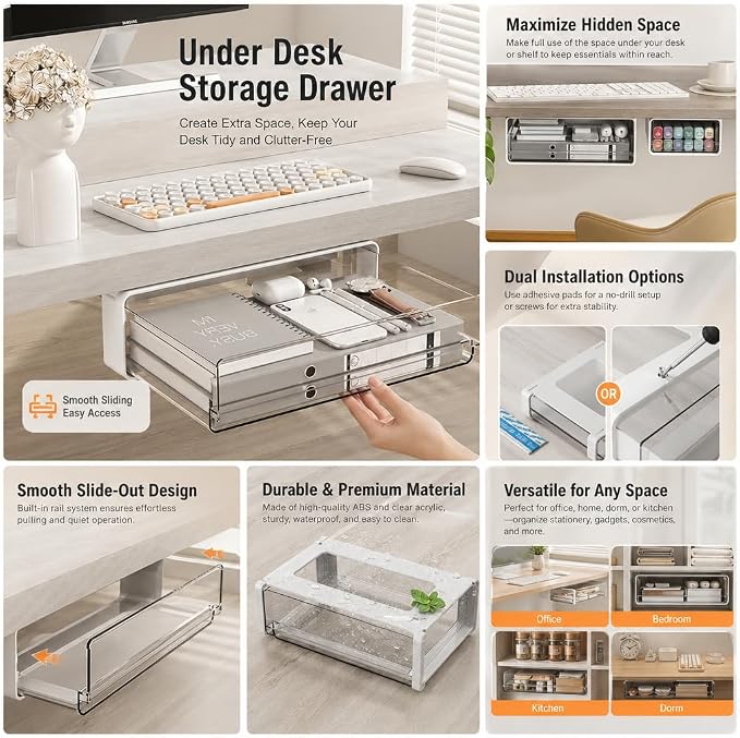 Hidden Under Desk Drawer Organizer, Space Saving Pull-Out Storage, Stick-On Invisible Drawer for Clean Desk Setup,L