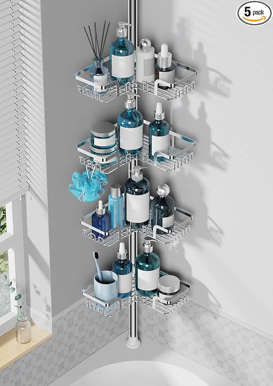 ZUNTO Shower Caddy Corner for Bathroom, Tension Pole, Adjustable 25in-114in Floor to Ceiling, Standing Shower Tension Rod Organizer, 4 Tier Bathroom Storage Shelves, Silver