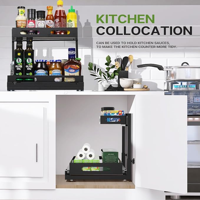 Under Sink Organizers and Storage, 2-Tier Sliding Under Sink Organizer, Under Cabinet Storage, Multi-Purpose Slide Out Sink Shelf, Under the Sink Organizer for Bathroom, Kitchen (Black)
