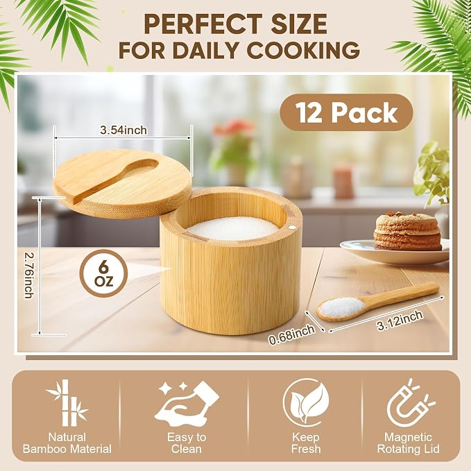 Honeydak 12 Pcs 6oz Bamboo Salt Cellar Salt Container with Magnetic Swivel Lid & Spoon Bamboo Storage Box Kitchen Holder Jar to Storage Pepper Spice Sea Sugar for Countertop (1 Compartment)