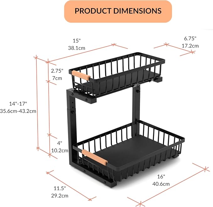 Under Sink Organizer with Pull-Out Drawers, 5-Level Adjustable Height 14"–17", 2-Tier Cabinet Storage, 4 Suction Cups, Nano-Grip Base, Sliding Baskets, Heavy-Duty Steel, Kitchen & Bathroom