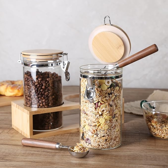 KKC Airtight Coffee Bean Containers with Bamboo Lid & Scoops, 40 oz Glass Coffee Canister Set of 2, Fits 1 lb Coffee Beans, Clear Countertop Coffee Bean Storage Jars for Coffee Station