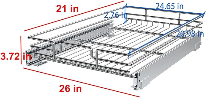 Pull Out Cabinet Organizer, Heavy-Duty Metal Sliding Drawer Shelf for Kitchen Cabinets, Chrome, Doesn't Include Door Fittings (26 * 21 IN)
