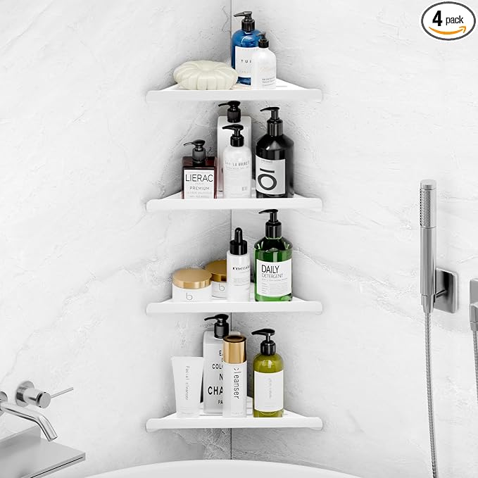 Fikoksol Shower Caddy, 4 Pack Bathroom Corner Shelf, Triangle Shelf Storage for Bathroom Shower, White Metal Shower Shelf & Rustproof Wall Mounted Adhesive Glue Organizer Accessories and Essentials