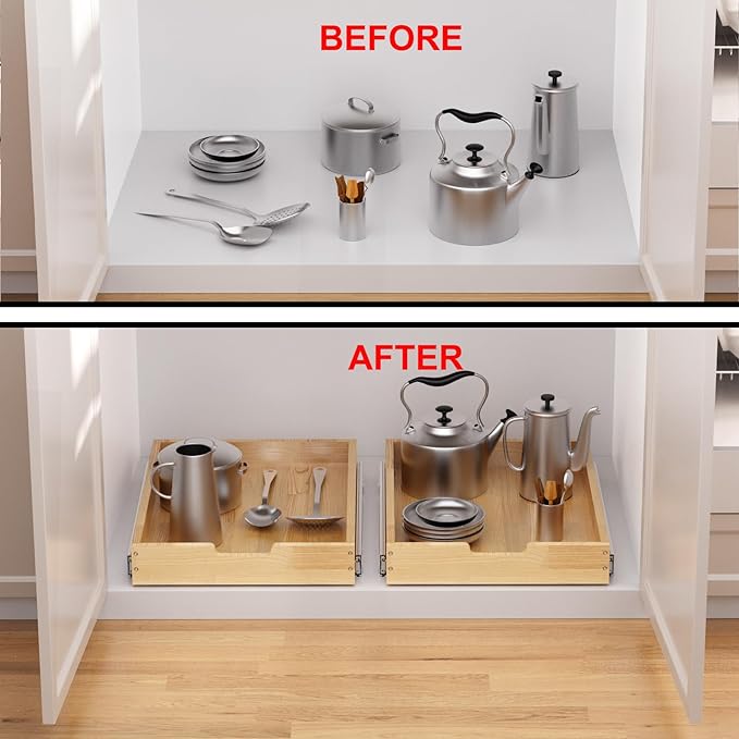 Sikarou Wood Pull Out Cabinet Organizer 14" W x 21" D, Heavy-Duty Sliding Drawers for Inside Cabinets Storage and Organization for Kitchen, Pantry, Bathroom