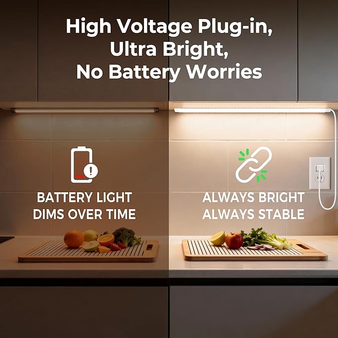 60inch Plug in Under Cabinet Lighting Strip for Kitchen, 120V Bright LED Under Counter Lights 6000k White Slim, Luces para Cocina Bajo Gabinete Under Shelf Wired Light for Sink/Workbench/Bookshelf