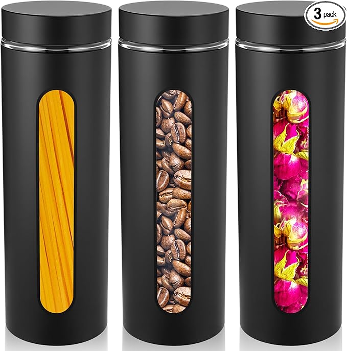 Mimorou 3 Pcs Stainless Steel Canister Set with Glass Windows Visible Storage Jars Silver Kitchen Canister Set for Pasta Flour Oat Sugar Container, Kitchen Tools, Housewarming Gifts(Black,60 oz)