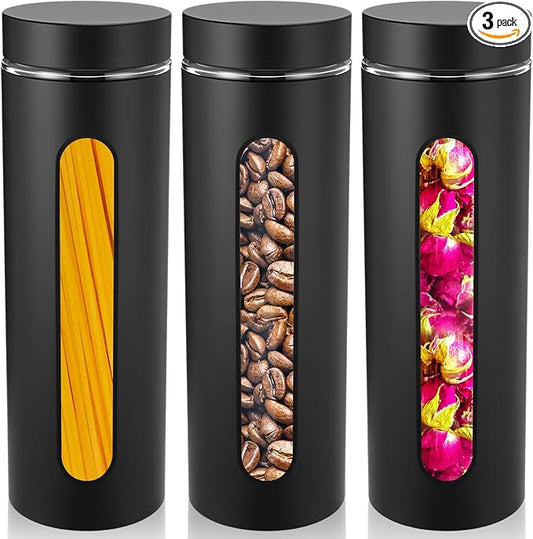 Mimorou 3 Pcs Stainless Steel Canister Set with Glass Windows Visible Storage Jars Silver Kitchen Canister Set for Pasta Flour Oat Sugar Container, Kitchen Tools, Housewarming Gifts(Black,60 oz)