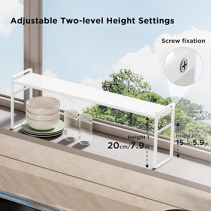 Expandable Narrow Shelf Organizer, Tall Countertop Organizer for Tight Spaces, Windowsill Plant Stand, Over-Sink/Faucet Shelf, Kitchen Counter Storage, Bathroom Vanity, Laundry Room (White)