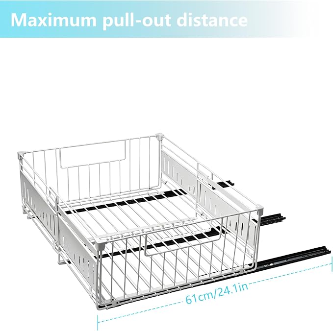 KimHong 2 Pack Pull Out Cabinet Organizer, Expandable Drawer Organizer with Adjustable Width 12.4"-19.5", Adhesive No Drill Under Cabinet Shelves for Home Kitchen Pantry with Silent Slides