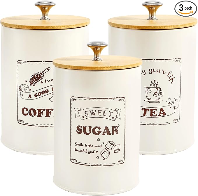 Youeon Metal Canisters Sets for the Kitchen, 40 Oz Coffee Sugar Tea Container Set, Farmhouse Style, Food Storage Containers with Lids for Countertop, Cabinet, Coffee Bar Decor, Beige