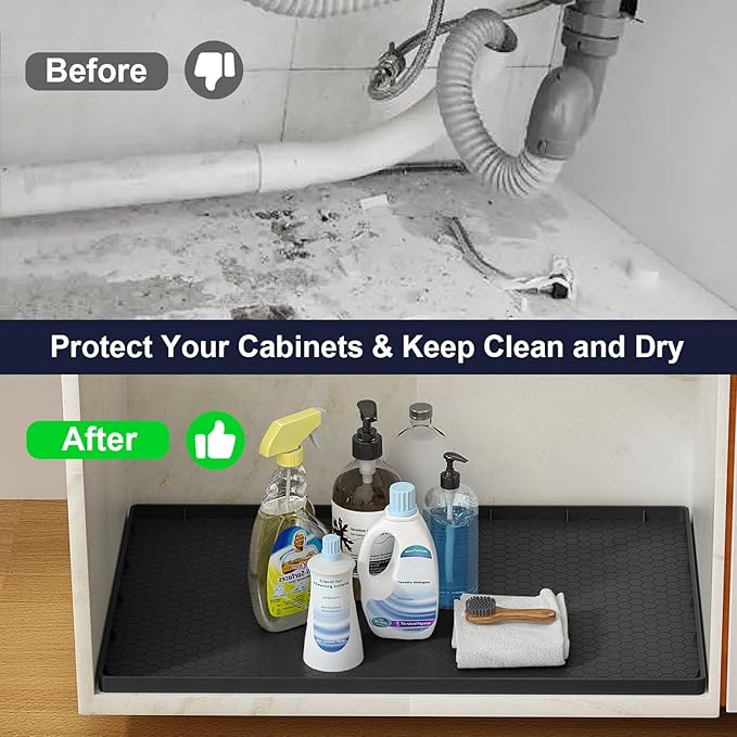 Under Sink Mats for Kitchen Waterproof - 22" x 19" Waterproof Kitchen Cabinet Mat - Flexible Silicone Under Sink Liner - Bathroom Cabinet Mat and Protector for Drips Leaks Spills (Black)