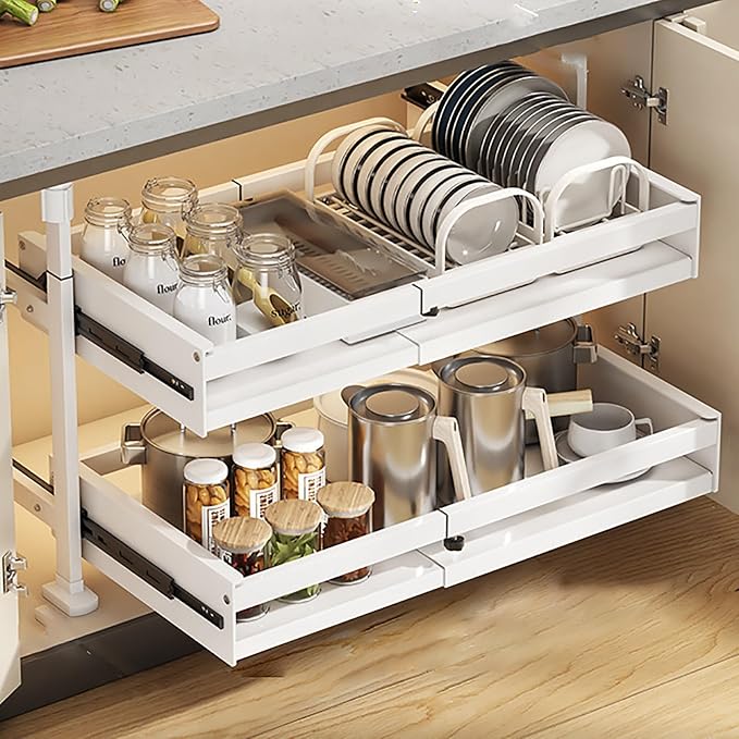 Pull Out Kitchen Cabinet s Sliding Drawers for Cupboard No Drill No Nail Slide Out Storage Solution Black Size S Maximize Kitchen Space Efficiently，White Double Layer_41*42 * 52