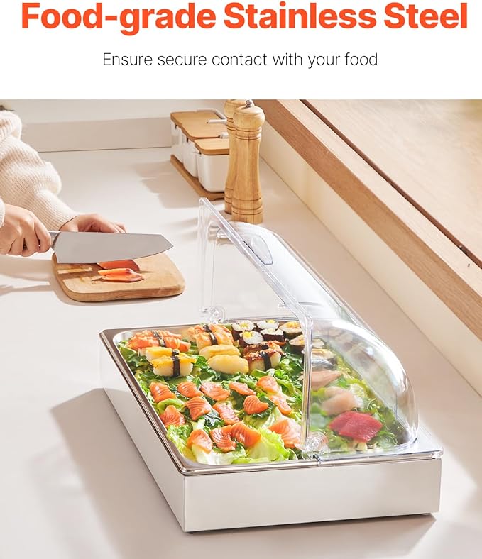 VEVOR Countertop Food Serving Display Container, 1 x 1 Pan Stainless Steel Food Serving Tray, Buffet Condiment Dispenser Display Rack with Clear Lid & 3 Ice Trays, for Restaurant Hotel Kitchen Party