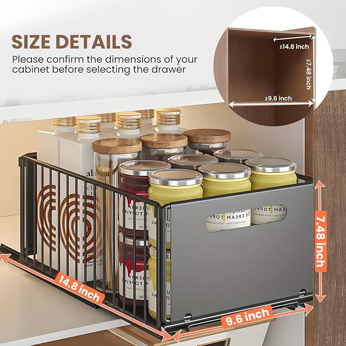 Pull out Cabinet Organizer, 2 Pack Heavy Duty Slide out Drawers Pantry Shelves with Strong Adhesive Glue and Handle for Kitchen, Living Room, Bathroom, Home (14.8" D x 9.6" W x 7.48" H)